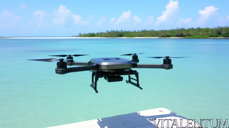 AI ART Black Drone Over Ocean - A Tropical Tech Harmony