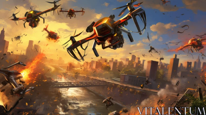 Burning Helicopters Over City - A Neo-Traditional Artwork AI Image