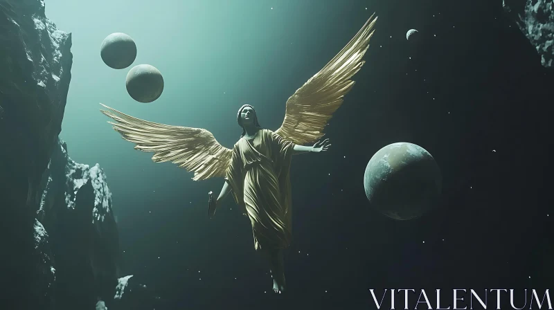 AI ART Golden Winged Angel Among Planets