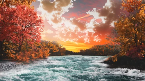 River During Autumn Sunset with Colorful Trees