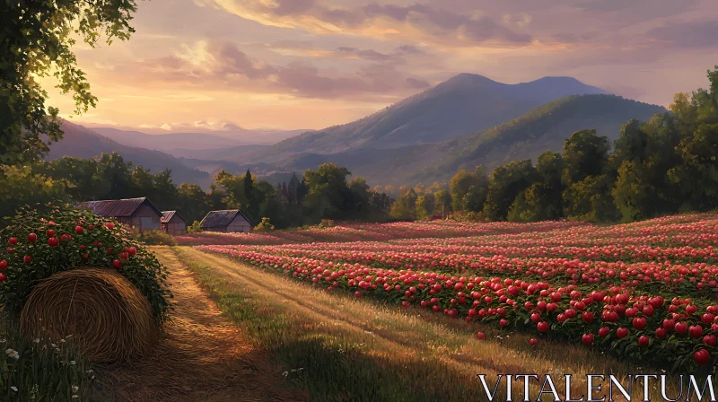 AI ART Sunset Over Red Flower Field