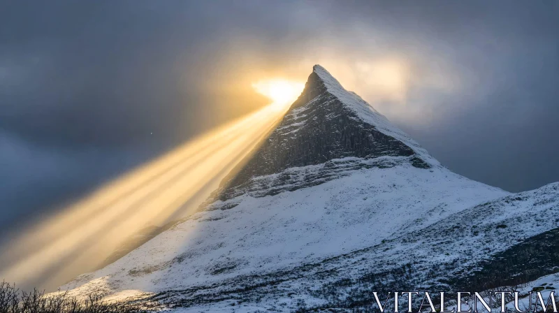 Golden Rays on Snowy Mountain Summit AI Image