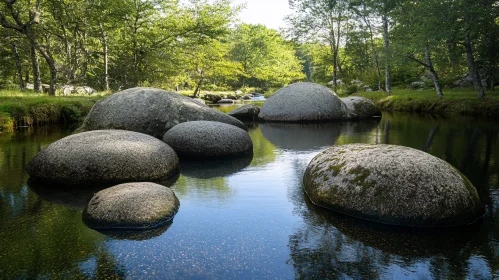 Lush Green Riverbank with Large Rounded Stones