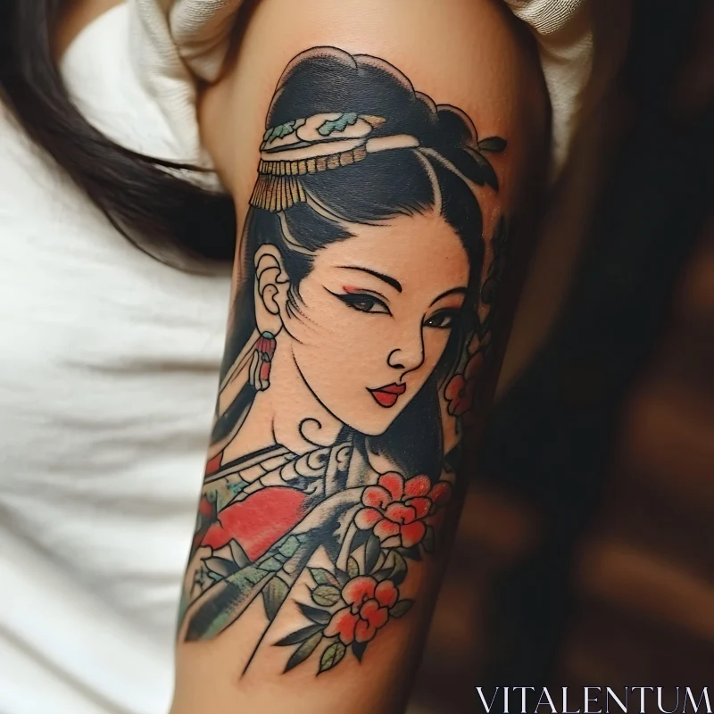 Floral Woman Tattoo Art on Arm AI Image