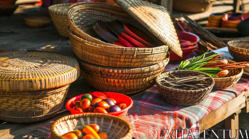 Exquisite Handmade Bamboo Baskets Filled with Colorful Fruits and Vegetables AI Image