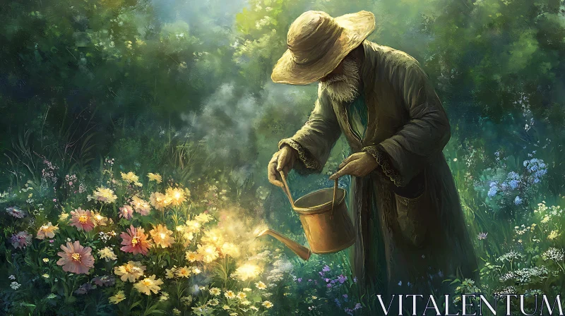 Gardener's Touch: Watering Flowers Artwork AI Image