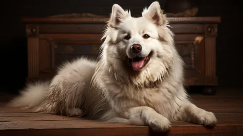 Joyful White Shaggy Dog Portrait on Wooden Floor