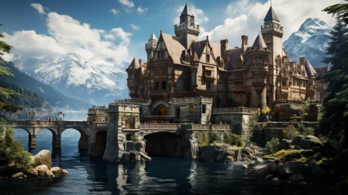 Majestic Castle in Front of Mountains and Water | Hyper-Detailed Architecture