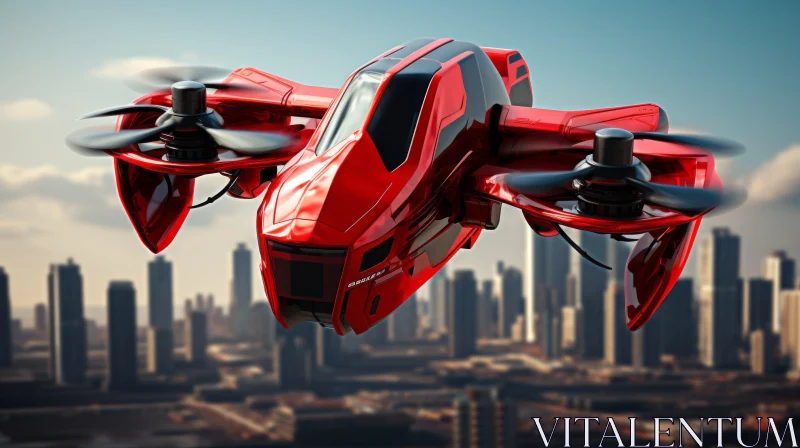 Red Model Hovercraft Flying Above Urban Landscape AI Image
