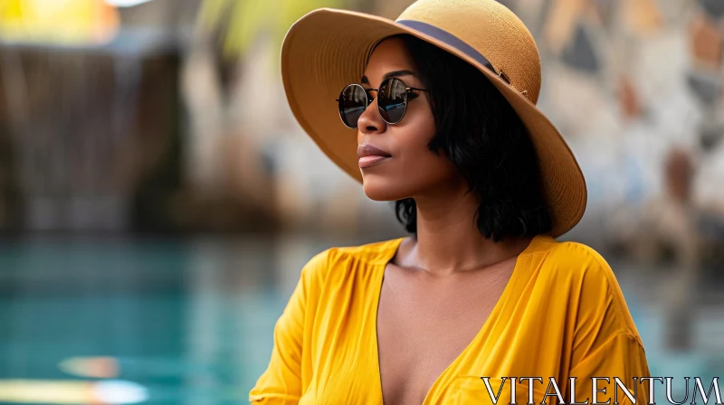 Serious African-American Woman in Yellow Dress by the Pool AI Image