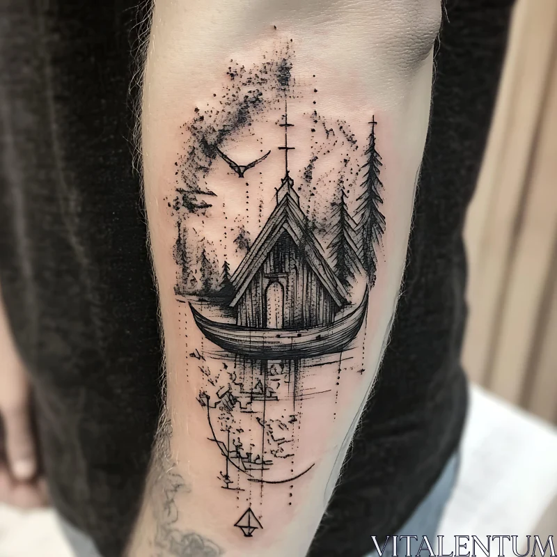 Forearm Tattoo of Wooden House and Forest Elements AI Image