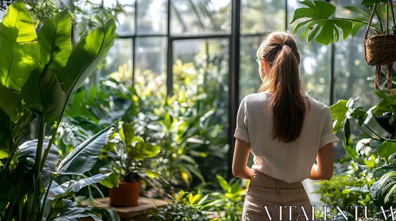 Botanical Serenity: Woman in Lush Greenhouse AI Image