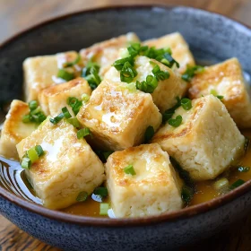 Crispy Tofu Cubes with Fresh Green Onions and Savory Sauce