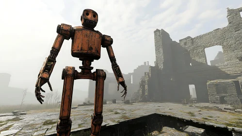 Rusty Robot Amidst Ancient Ruins