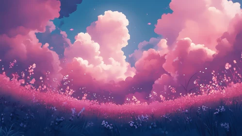 Floral Field Under Pink Sky