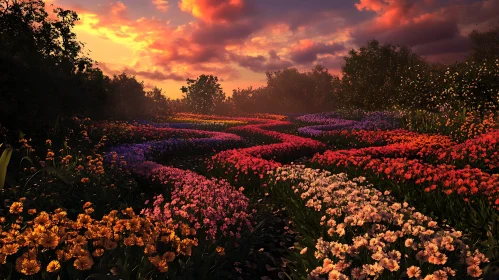 Sunset Over a Multicolored Flower Meadow