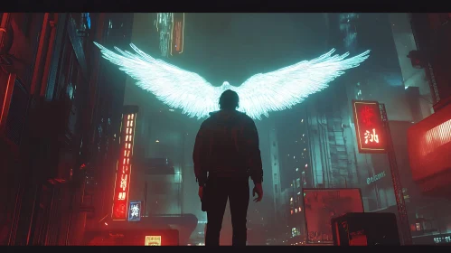 Neon Angel Wings in Futuristic City