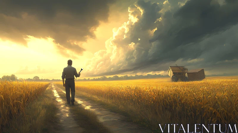 Man Walking in Golden Wheat Field AI Image