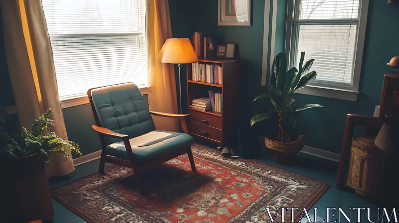 Peaceful Room with Bookshelf and Sunlight AI Image