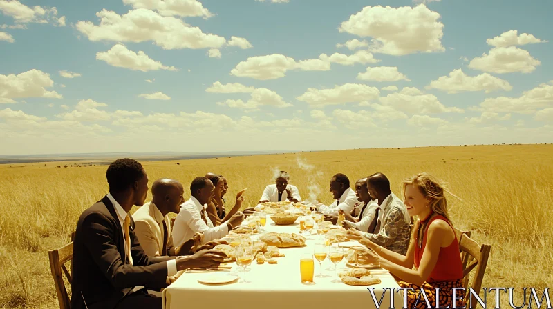 People Gathered for Meal in Field AI Image