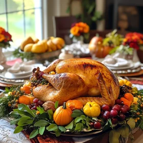 Golden Turkey with Pumpkins and Grapes