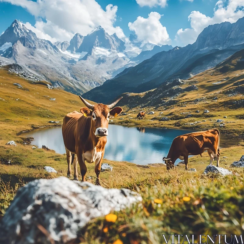 Alpine Pasture Cows Serene Mountain Lake AI Image