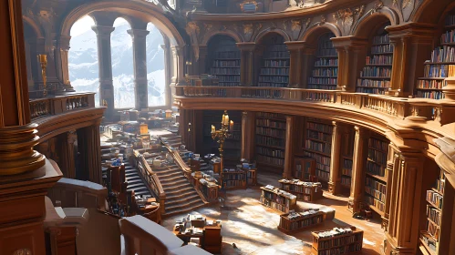 Ornate Library with Sunlight and Books