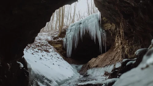 Winter Ice Cave with Hanging Icicles