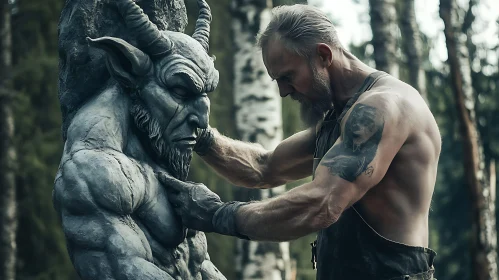 Man Carving a Demon Statue in Forest