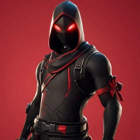 Red-Eyed Hooded Character on Red Background