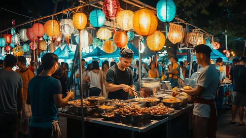 Vibrant Street Food Scene at Night