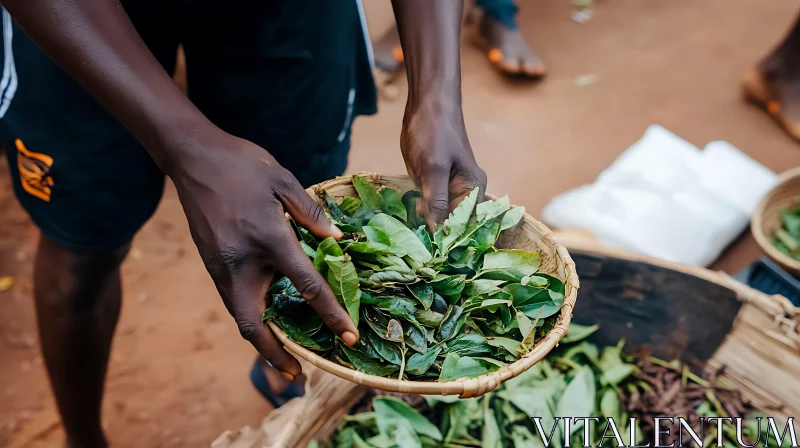 Basket of Fresh Green Leaves Being Handled AI Image