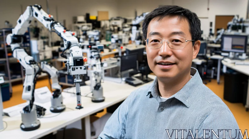 AI ART Asian Scientist with Robotic Arms