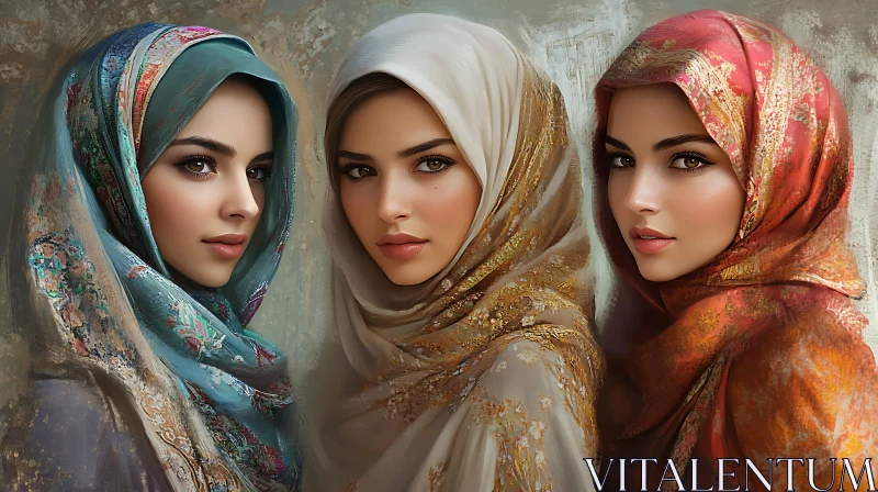 Three Women in Hijabs: A Portrait of Elegance AI Image