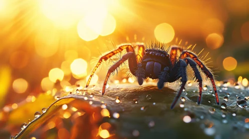 Golden Sunlit Spider and Dewdrops