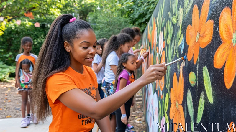 AI ART Group Art Activity with Children Painting a Flower Mural