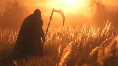 Cloaked Figure with Scythe at Sunset