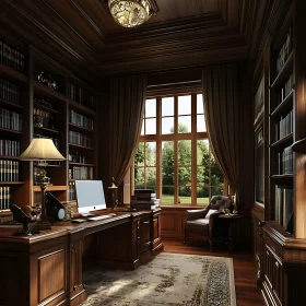Classic Library with Bookshelves and Desk