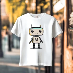 Cartoon Robot on White Tee