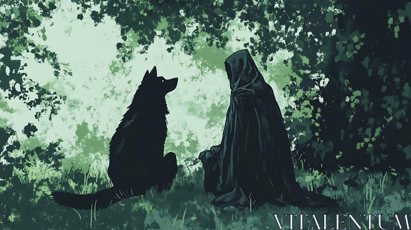 AI ART Wolf and the mysterious hooded figure