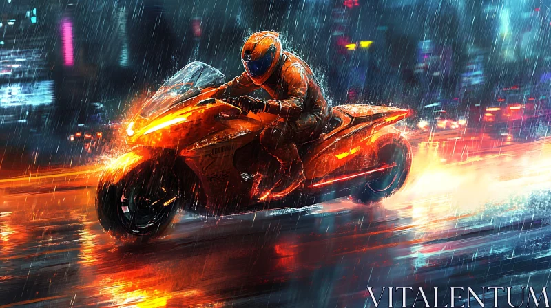 Orange Motorcycle in the Rain AI Image