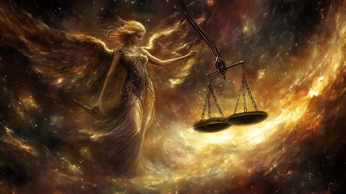 Golden Angel Holding Scales in Space