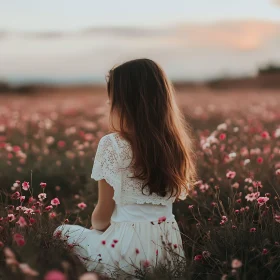 Child in Floral Meadow Contemplating Sunset