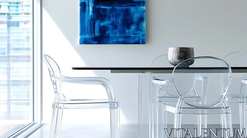 AI ART Modern Interior with Clear Chairs and Blue Painting