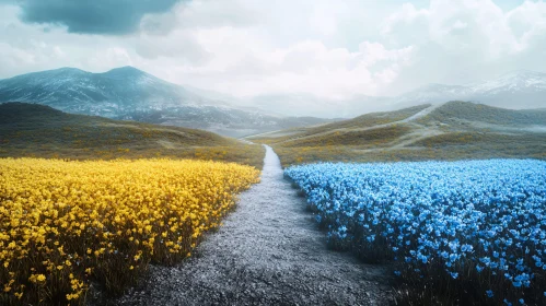 Floral Field Path to Mountains