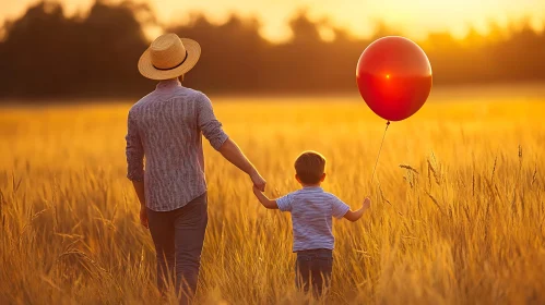 Golden Field Sunset with Father and Son