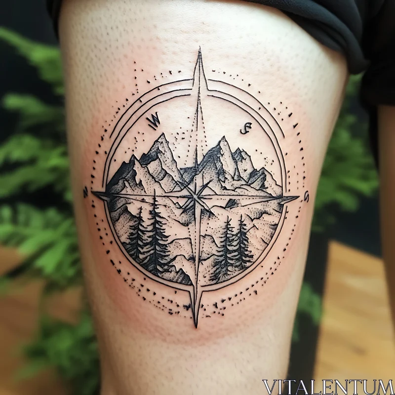 Compass and Mountain Thigh Tattoo AI Image