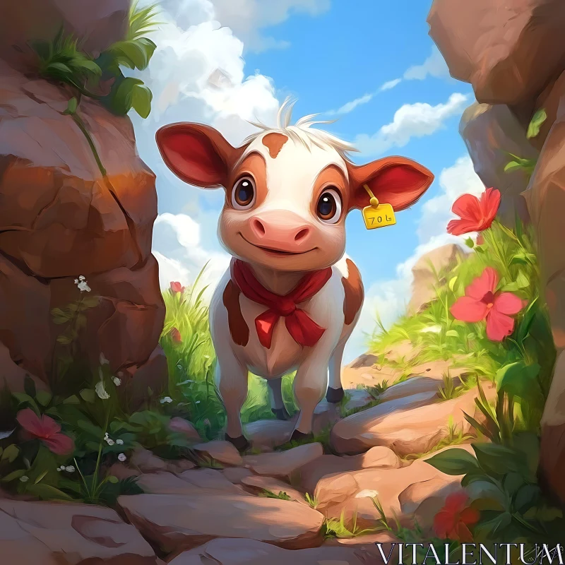 Cute Cow Calf with Red Scarf AI Image