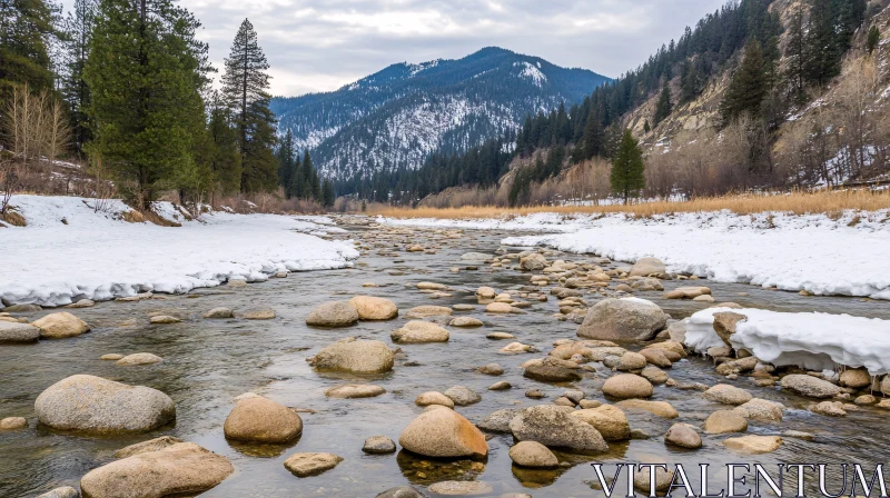 AI ART Serene Winter River with Snow and Mountains