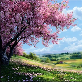 Spring Meadow with Blossoming Tree and Flowers